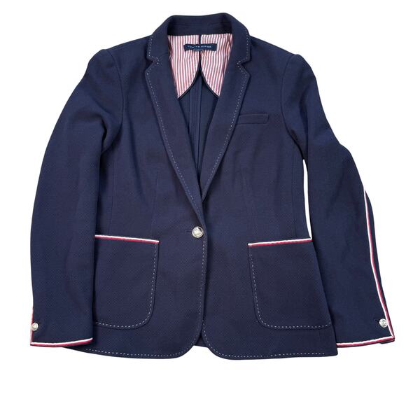 TOMMY HILFIGER Navy Blazer STICHED EDGES Metal Buttons Women’s Sz.12 - Picture 1 of 11